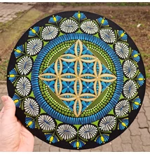Arany kék zöld geometrikus pontozott mandala 30 cm kézzel festett falikép