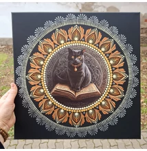 Fém betétes fekete macskás pontozott mandala feszített vásznon misztikus spirituális stílusban