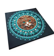 Türkiz és arany színű cicás pontozott mandala feszített vásznon spirituális stílusban