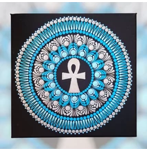 Ezüst Ankh Lélekfény – kék-ezüst kézzel pontozott mandala Ankh szimbólummal