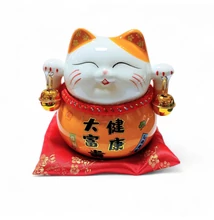 Narancssárga kerámia Maneki Neko integető cica persely szerencsehozó szimbólum