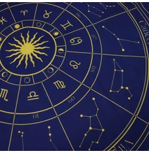 Zodiákus mintás tarot kártya kendő mélykék alapon arany csillagjegyekkel