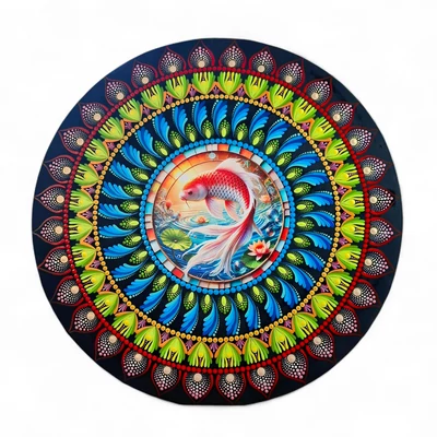 Színes pontozott mandala koi ponttyal bőség és szerencse szimbólummal