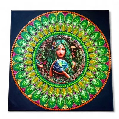 Gaia mandala 40 cm-es feszített vásznon, zöld pontozott mintákkal és Földanyát ábrázoló fém betéttel