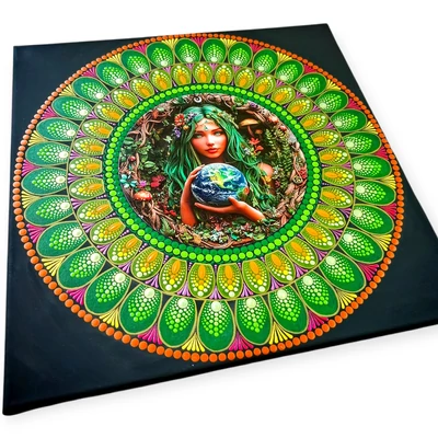 Gaia mandala 40 cm-es feszített vásznon, zöld pontozott mintákkal és Földanyát ábrázoló fém betéttel