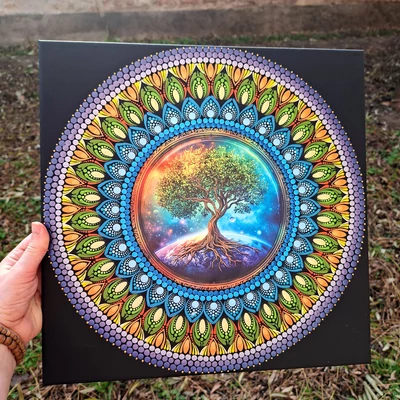 Életfa mandala feszített vásznon – pontozott, színes spirituális dekoráció