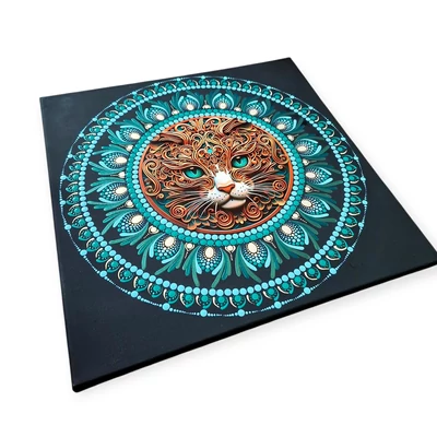 Türkiz és arany színű cicás pontozott mandala feszített vásznon spirituális stílusban