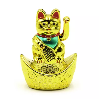 Integető macska - Maneki neko, arany színű, aranypénzen, 17X11cm