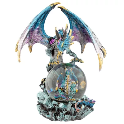 Anya Sárkány szobor kristálygömbbel és kis sárkánnyal, fantasy dekoráció